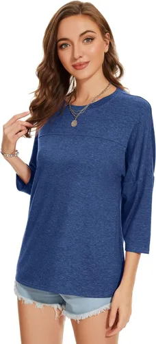 Vista 158 de ZENNILO Camisetas casuales de manga 3/4 para mujer, holgadas, cuello redondo, lindas camisetas básicas