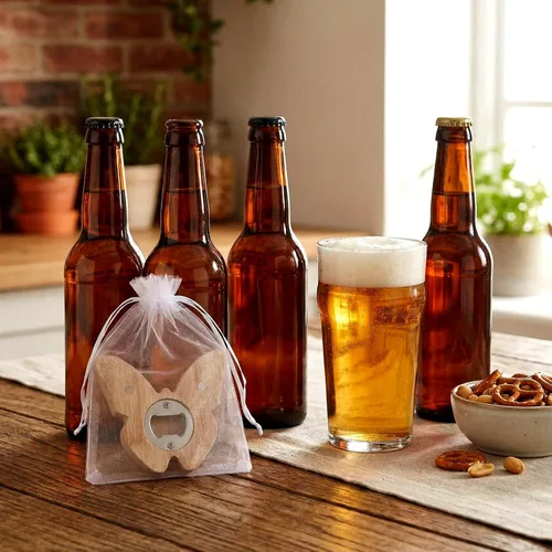 Vista 7 de Vesici 24 piezas de abrebotellas magnético de 6.35 cm DIY en forma de mariposa de bambú, abrebotellas de madera, imán de nevera, adhesivo