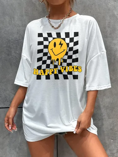 Vista 3 de SOLY HUX Camiseta de verano de gran tamaño con estampado de letras y cuadros para mujer