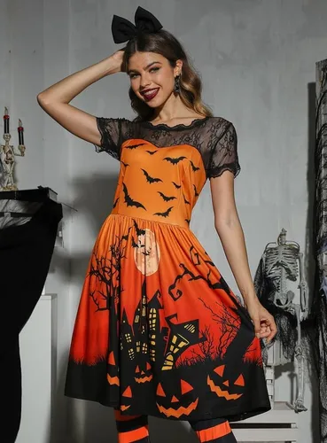Vista 5 de Spadehill Vestido de encaje de manga corta para mujer, disfraz de Halloween