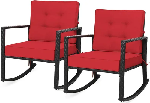 Vista 12 de DORTALA Silla mecedora de ratán, 2 piezas, silla de mimbre para exteriores con marco de acero resistente, asiento de muebles de mimbre para patio