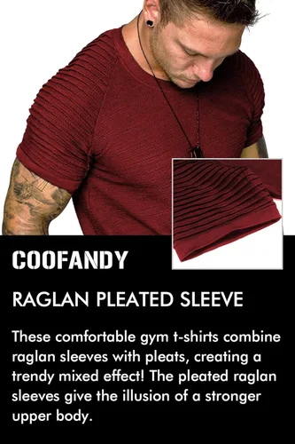 Vista 5 de COOFANDY - Camiseta muscular para hombre, camiseta de manga raglán plisada para culturismo, camisetas a la moda de manga corta para entrenar