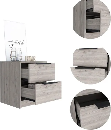 Vista 4 de Mesita de noche de madera, 2 cajones, mango de metal, mesita de noche moderna gris para cama, fácil montaje