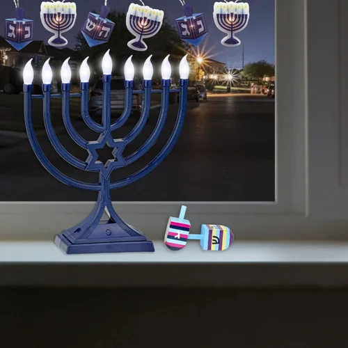Vista 4 de Menorá de Janucá LED eléctrica azul con efectos especiales - Alimentada por batería/USB, Estrella de David, 4 modos de iluminación/parpadeo