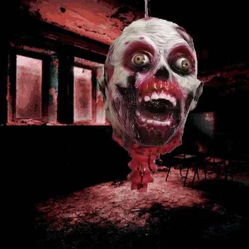 Vista 3 de RiceelSor Decoración colgante de cabeza dividida para Halloween, diseño de cadáver sangriento, de terror, de tamaño real, con peluca, disfraz