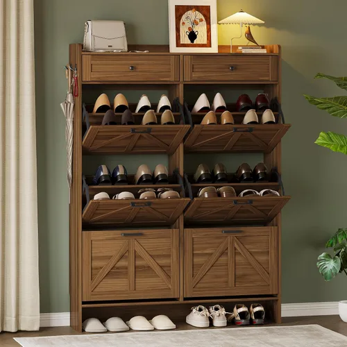 Vista 26 de BORNOON Gabinete de Almacenamiento de Zapatos para Entrada, Gabinete Estrecho de Zapatos Estilo Granja con 2 Cajones Abatibles y Cajones Superiores
