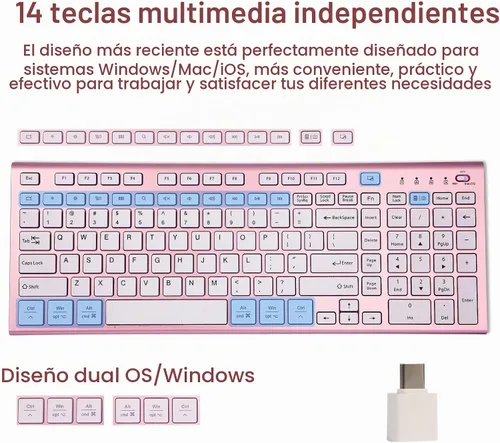 Vista 7 de Juego de teclado y mouse inalámbricos, 2.4G USB silencioso ultrafino compacto de tamaño completo, compatible con PC, Windows, Mac, MacBook (oro rosa)