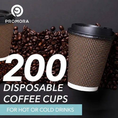 Vista 3 de Promora Tazas de café desechables marrones con tapas de 8 onzas, tazas de papel onduladas de papel aislado premium para café caliente, taza de café