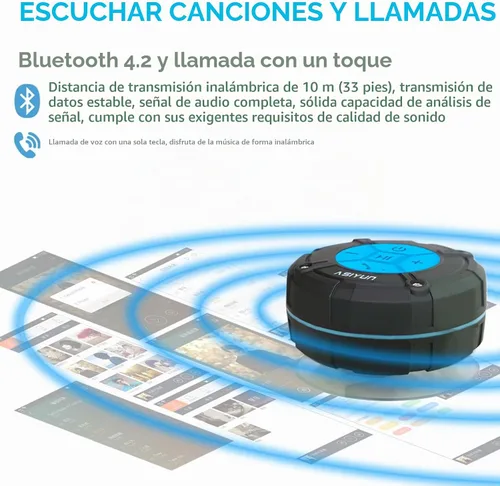 Vista 4 de Bocina para regadera con Bluetooth de ASIYUN, portátiles, a prueba de agua con sonido IPX7 HD, Ventosa, bocina con micrófono incorporado, Manos