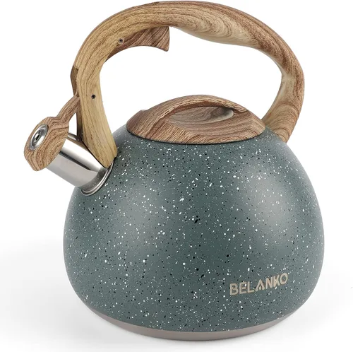 Vista 12 de BELANKO Hervidor de té de 2.7 cuartos de galón para estufas, tetera de acero inoxidable de grado alimenticio con silbato fuerte, mango de madera