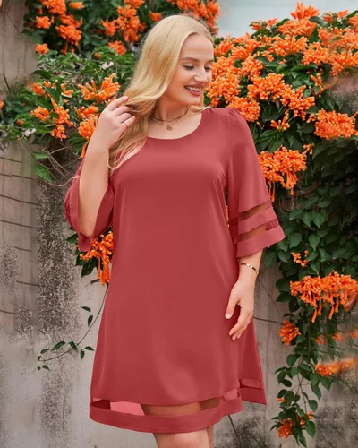 Vista 8 de LookbookStore - Vestido estilo túnica para mujer, holgado, con mangas 34 acampanadas con panel de malla, cuello redondo