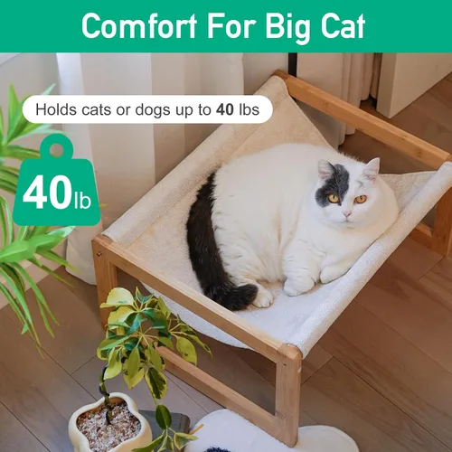 Vista 2 de kiplant Hamaca grande para gatos, hamaca elevada de madera de bambú para mascotas, 21 x 16.5 pulgadas, adecuada para gatitos, cachorros, conejos