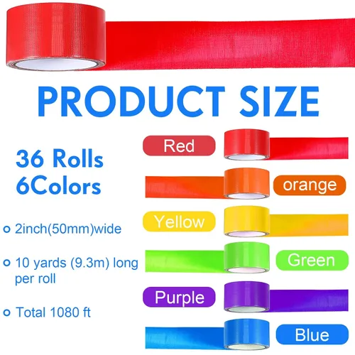 Vista 2 de 36 rollos de cinta adhesiva de colores a granel de 10 yardas x 2 pulgadas, arco iris, resistente, impermeable, cinta de pato colorida para bricolaje