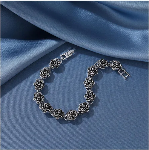Vista 6 de Pulsera de flores de plata vintage para mujer, pulsera de flores de rosa, pulsera gótica de rosas para mujer