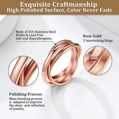 Vista 4 de Bestyle Anillos entrelazados para mujeres y niñas, anillos cruzados apilables de acero inoxidable en tono plataorooro rosanegro, anillo de promesa