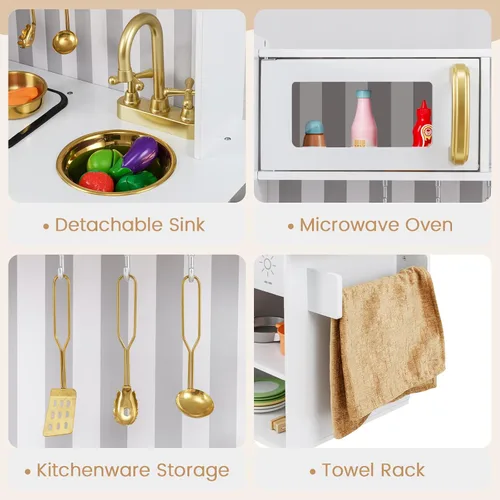 Vista 4 de INFANS Juego de cocina para niños, juego de cocina de madera con luz y sonido realistas, estufa, fregadero, microondas, armario de almacenamiento