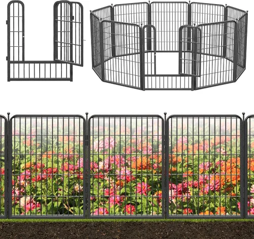 Vista 25 de Valla decorativa de metal negro para jardín con puerta, 4.5 pies de largo x 32 pulgadas de alto, 2 paneles de valla sin excavación, valla de barrera