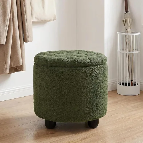 Vista 9 de Furniliving Moderno otomano redondo de almacenamiento, otomano tapizado con botones capitoné con tapa extraíble, taburete de almacenamiento