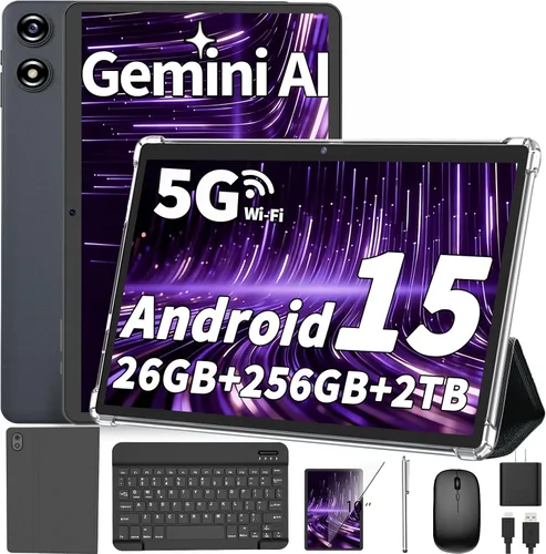 Vista 10 de Tablet Android de 10 pulgadas, tableta Android 16 2026 con teclado, 26 GB+256 GB (expansión de 2 TB), tableta Gemini AI con 8 núcleos, 8000 mAh Negro