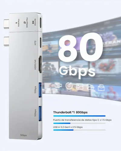 Vista 5 de VENTION Hub USB C 6 en 2 para MacBook Neo/Air/PRO, 80Gbps desmontable magnético 8K USB-C Dock con HDMI 4K a 240Hz, PD máximo de 140 W