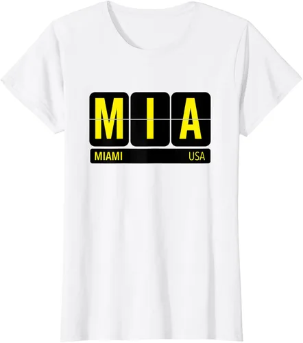 Vista 24 de MIA Miami Florida USA Travel Souvenir Yellow Text Camiseta, Blanco