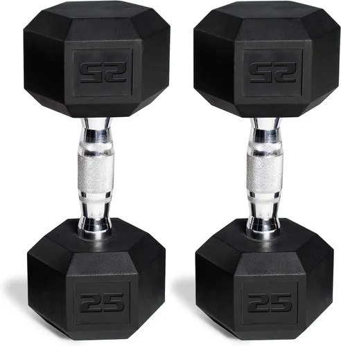 Vista 4 de WF Athletic Supply - Juego de mancuernas hexagonales con revestimiento de goma y peso de 5 a 25 libras; con soporte con forma de A para a. Juego