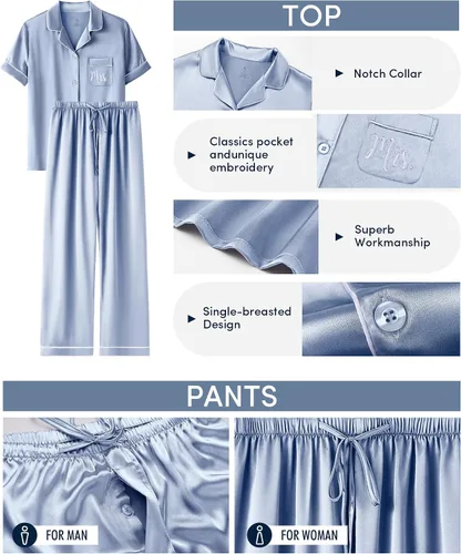 Vista 6 de AW BRIDAL Juego de 4 pijamas de satén a juego para parejas, pijamas de seda suave de manga corta para mujeres, hombres, parejas, regalos para señor