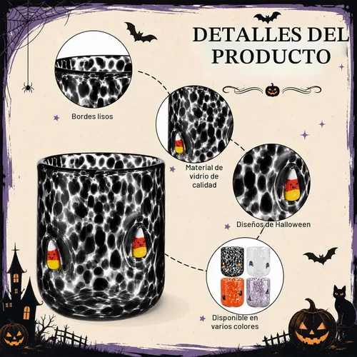 Vista 3 de Skylety 4 vasos de cristal con icono de Halloween, sombrero de bruja
