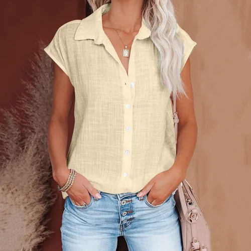 Vista 48 de Ceboyel Camisas para mujer de moda de verano, algodón, lino, manga corta, cuello con botones, blusa casual para mujer 2023