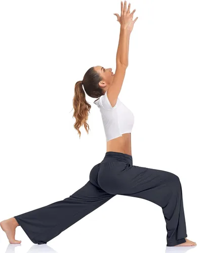 Vista 3 de UEU Pantalones de yoga de pierna ancha, para mujer, cintura alta, ajustables, con lazo, informales, holgados, talla extragrande, con bolsillos