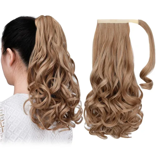 Vista 27 de Extensiones de cola de caballo, extensión de cola de caballo negra de 16 pulgadas, corta, ondulada, rizada, envolvente, resistente al calor