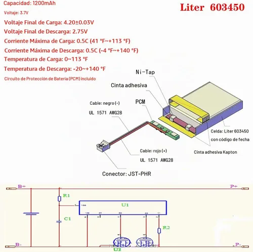 Vista 3 de Liter 3.7V 1200mAh 603450 batería recargable de iones de polímero de litio con conector JST 0.079 in