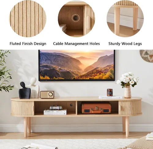 Vista 6 de Soporte de TV, mesa consola multimedia acanalada totalmente montada con puertas correderas, centro de entretenimiento moderno con almacenamiento