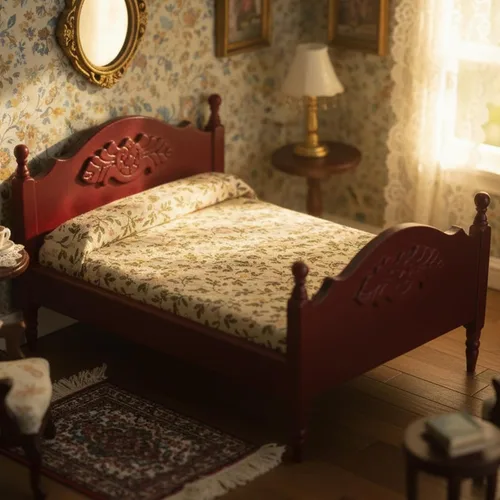Vista 3 de Muebles en miniatura para casa de muñecas, cama de madera con tela, colchón y almohada, escala 1/12, decoración de muebles para casa de muñecas