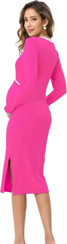 Vista 5 de FUNJULY Vestido de maternidad de manga larga para mujer, estilo casual, cuello redondo, recortado, de punto acanalado, ajustado, vestido de tubo