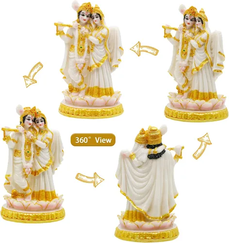 Vista 5 de alikiki Estatua de ídolos hindúes de Radha Krishna, 5.7 pulgadas de alto, aspecto de mármol, escultura de dios indio Krishna Radha para Diwali Puja