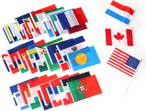 Vista 5 de Bandera de 200 países, banderas deportivas de palillo de país, parte superior redonda de mano pequeña en palo, bandera de países del mundo en cada