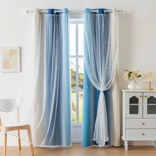 Vista 36 de indistar Cortinas opacas con recortes de estrellas para dormitorio de niña, cortinas de oscurecimiento para habitación de bebé, cortinas para Rosa