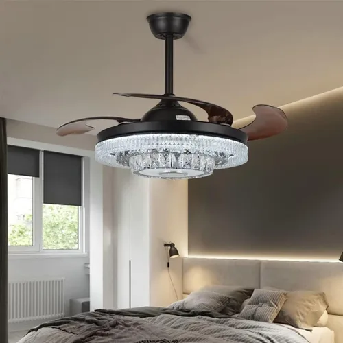 Vista 6 de Modernos ventiladores de techo de cristal de 42 pulgadas con luces y control remoto 7 colores regulables/Bluetooth/rotación bidireccional - Negro 3