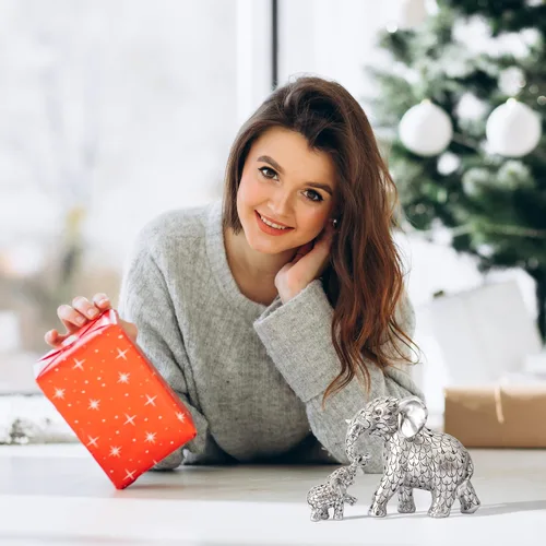 Vista 6 de Estatua de elefante plateado vintage. Figuras de elefante que inspiran buena suerte, salud. Regalos únicos de elefante para mujeres, mamás. Adornos