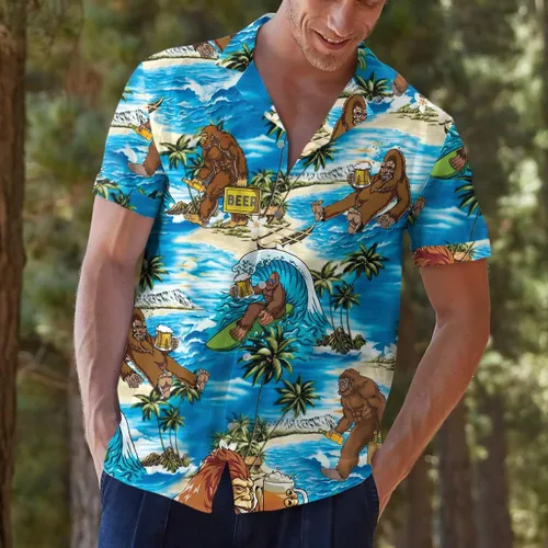Vista 6 de American Bigfoot - Camisa hawaiana para hombre, divertida camisa hawaiana con botones Sasquatch de manga corta para hombre