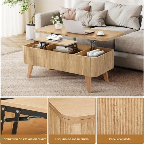 Vista 6 de Mesa de centro 3 en 1 con tapa elevable, mesas de centro convertibles acanaladas que se convierten en mesas de comedor, moderna mesa central