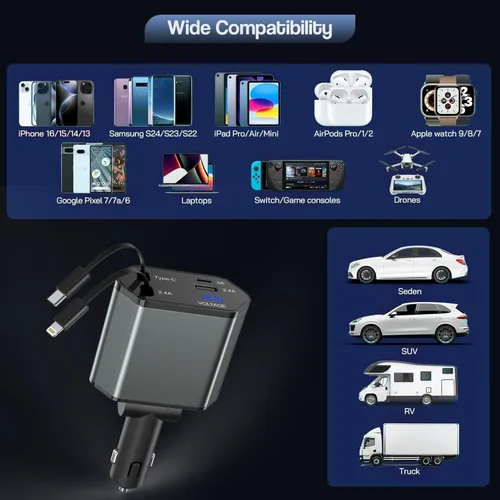 Vista 7 de Cargador de Coche Retráctil para iPhone, Cargador de Coche 4 en 1 de 66W de Carga Rápida con 2 Cables Retráctiles (PD y Lightning) y 2 Puertos