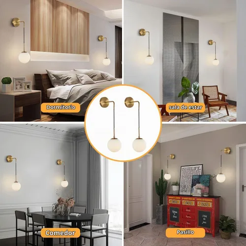 Vista 4 de KCO Lighting Juego de dos apliques de pared de vidrio blanco esmerilado con globo esférico dorado de latón, luz de pared con cable ajustable