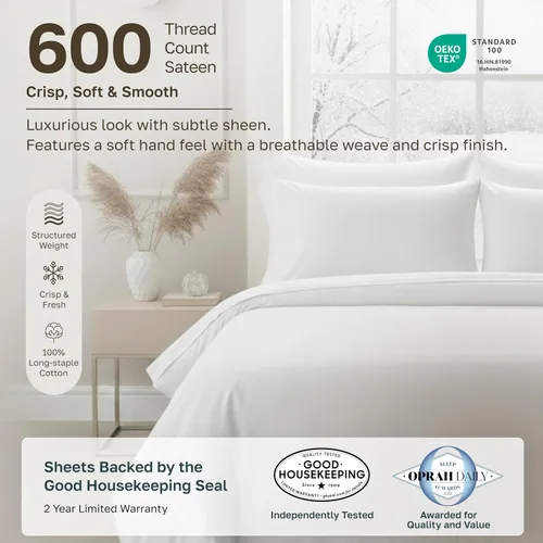 Vista 2 de California Design Den Juego de sábanas tamaño King, 100% algodón, sábanas lujosas de 600 hilos con bolsillo profundo, ropa de cama duradera con 16