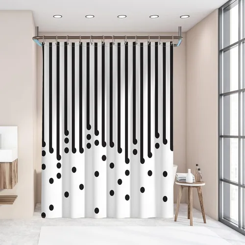 Vista 4 de YAXI Cortina de ducha de tela blanca y negra para baño, cortina de ducha moderna a rayas negras, cortinas de baño repelentes al agua de verano, 72 x