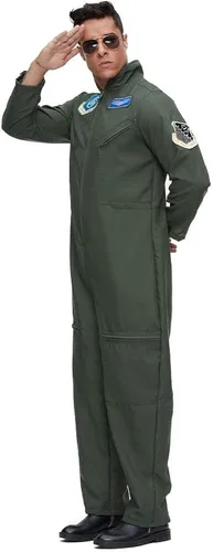 Vista 3 de Megartico Disfraz de piloto de vuelo para adultos, overol de traje verde militar, bolsillos de parche bordados, tela de una pieza