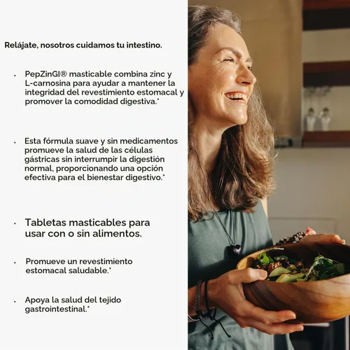 Vista 4 de ENDUR PepZinGI Zinc Carnosine 75mg, tabletas masticables, 60 tabletas PepZinGI® patentado, 59 mg de L-carnosina, 16 mg de zinc, comodidad gástrica