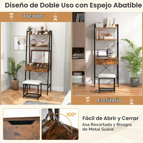 Vista 3 de GOFLAME Juego de mesa de tocador con espejo abatible, escritorio de tocador de escalera y taburete acolchado con estantes y compartimentos de negro