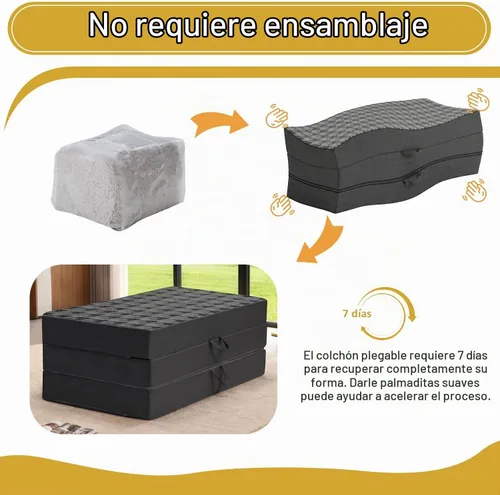 Vista 8 de Colchón triple plegable tamaño matrimonial – Colchón plegable de espuma viscoelástica de doble capa de 6 pulgadas, sofá cama portátil con funda Negro